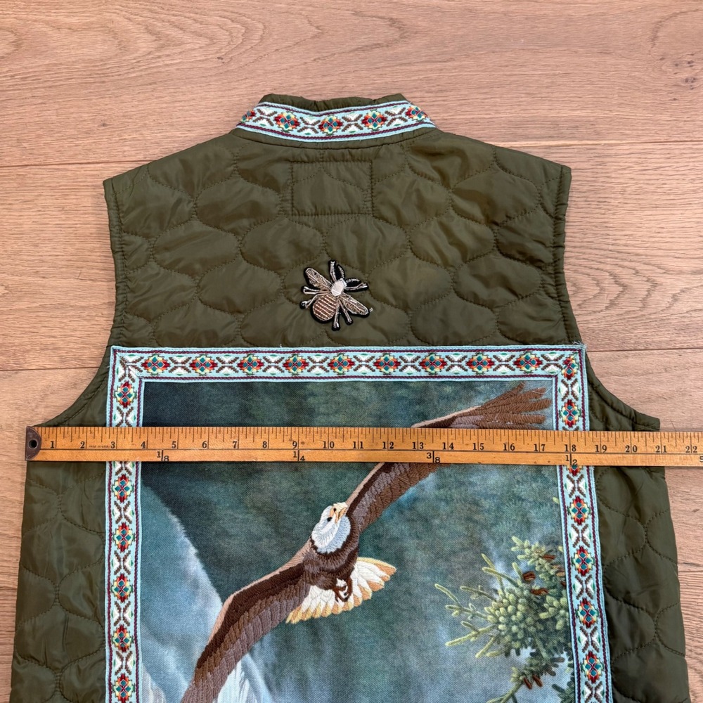 Lesal Up Cycled Treasures Eagle Owl Beaded Bee‎ Quilted Vest Olive Green Medium - Picture 5 of 7